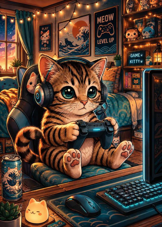 Cute Cat Gamer with Headphones