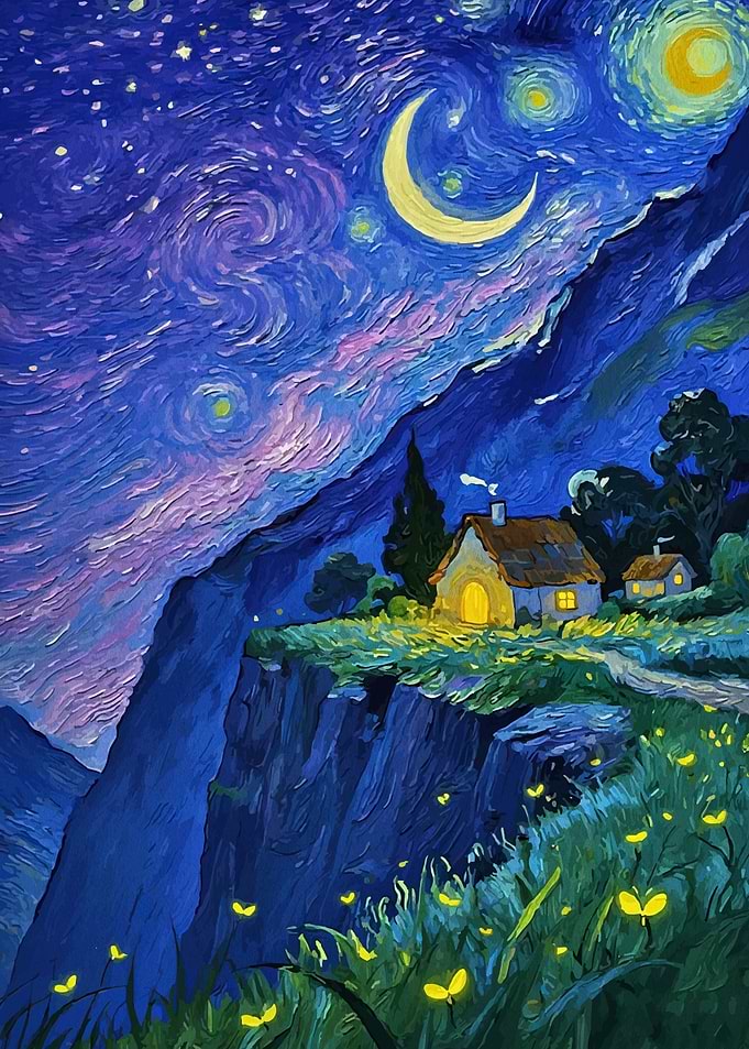 Starry Night Landscape with Cottages
