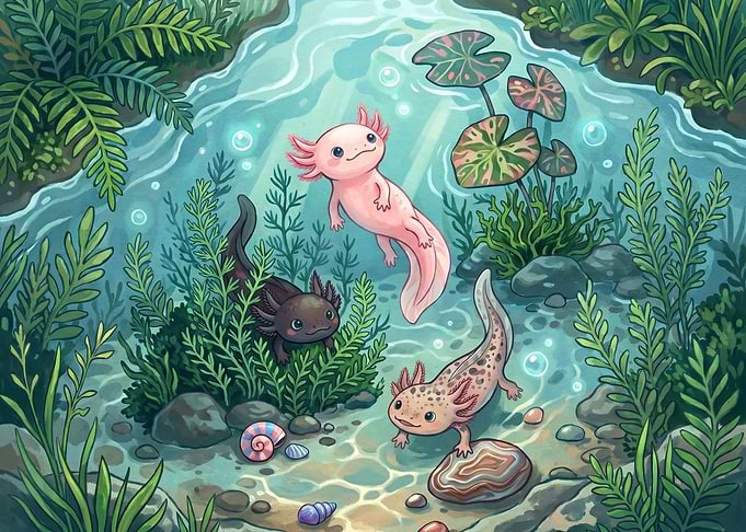Cute Axolotls in a Stream