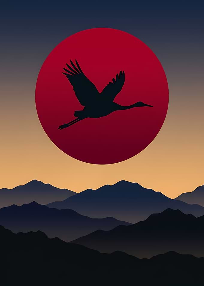 Crane flying over mountains at sunset