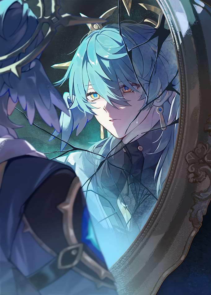Anime character looking in a cracked mirror