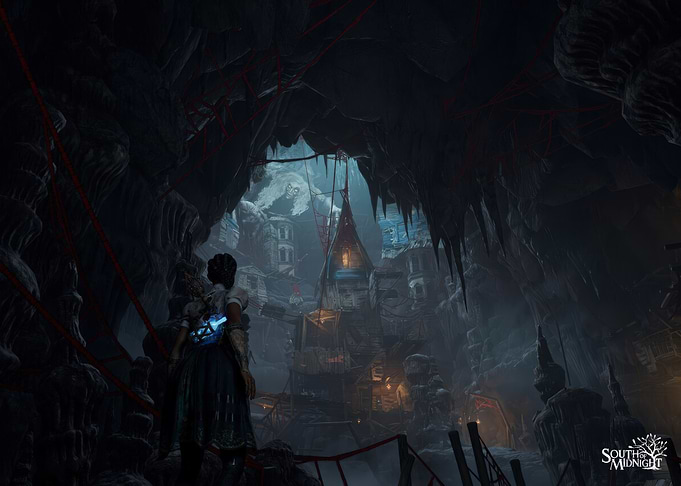 Character in a dark cave with a village