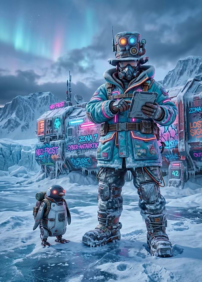 Cyberpunk Explorer and Penguin in Arctic