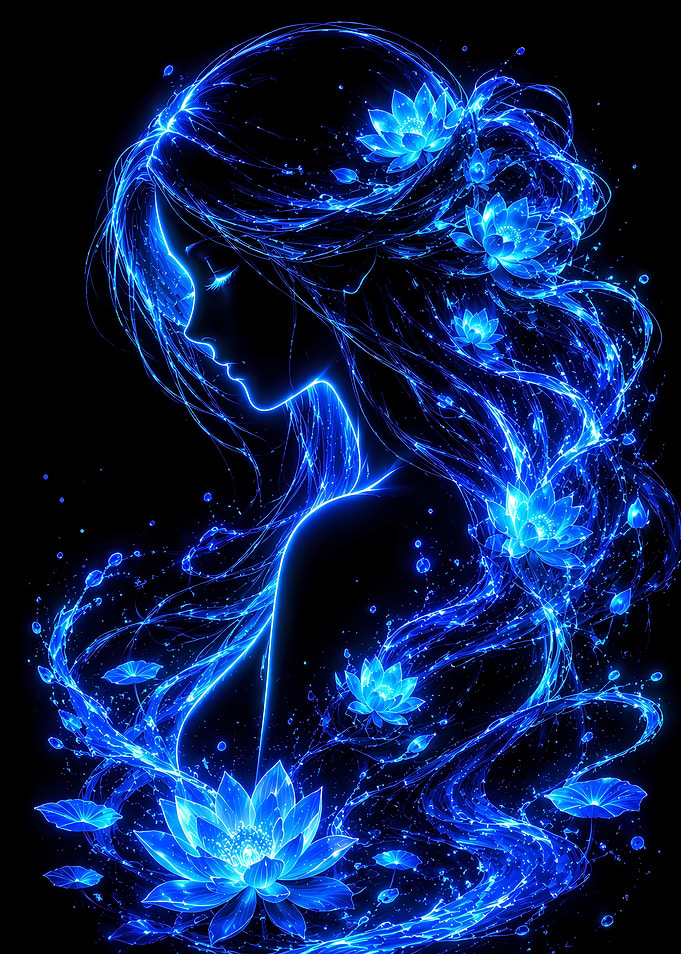 Blue Neon Woman with Lotuses