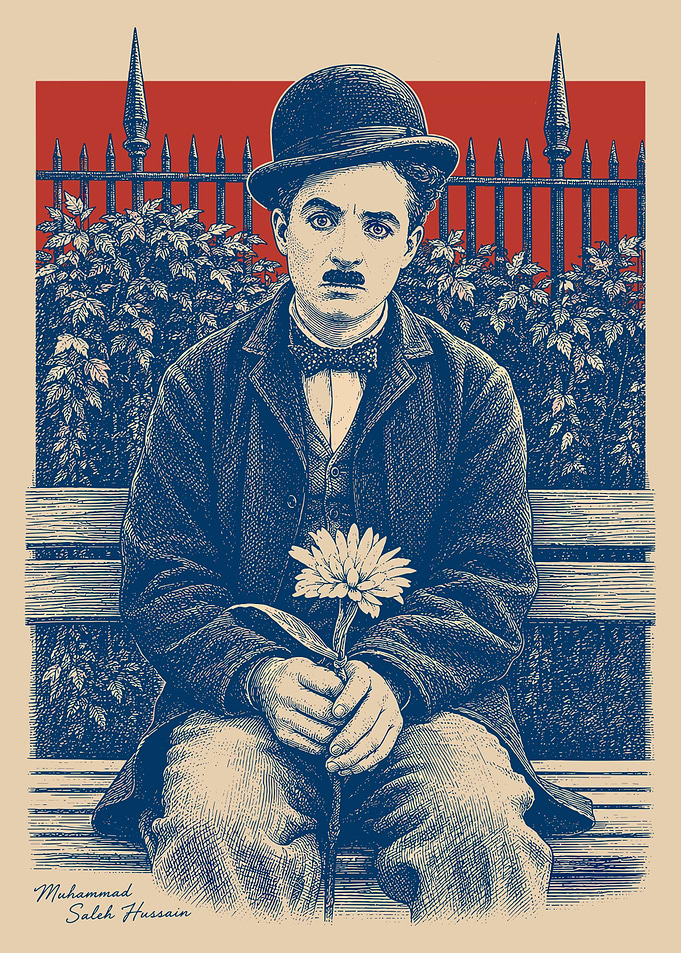 Charlie Chaplin with Flower on Bench
