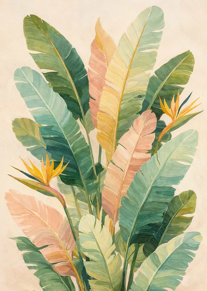 Colorful Tropical Banana Leaves & Bird of Paradise Art