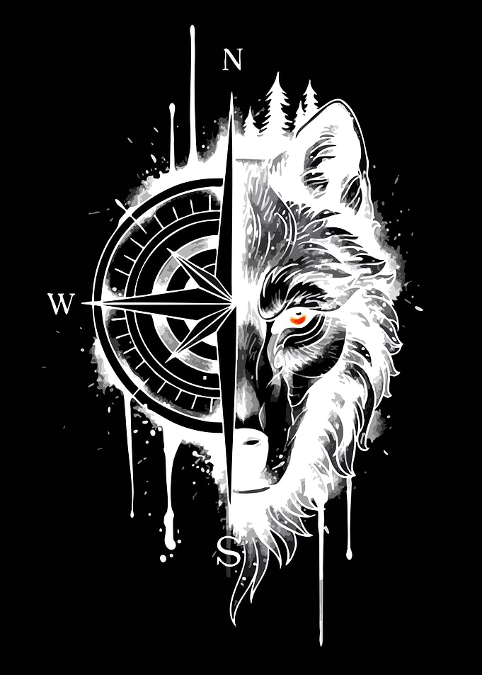 Wolf and Compass Illustration