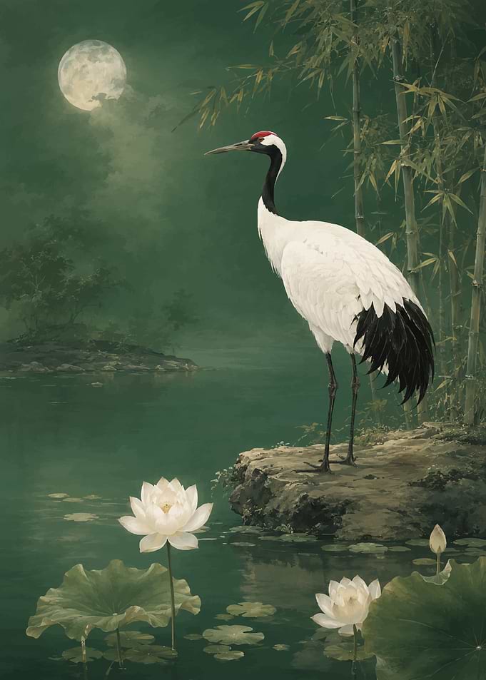 Crane by Moonlit Pond