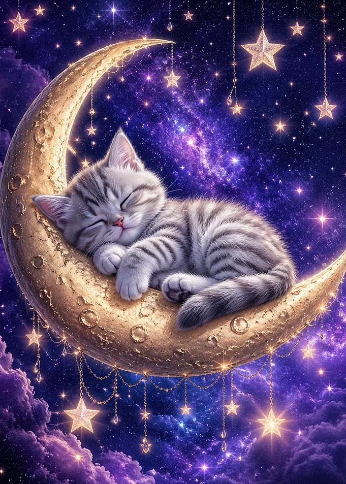 Kitten Sleeping on Crescent Moon in Starry Sky