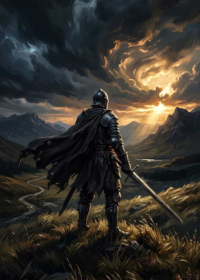 Knight in a stormy landscape