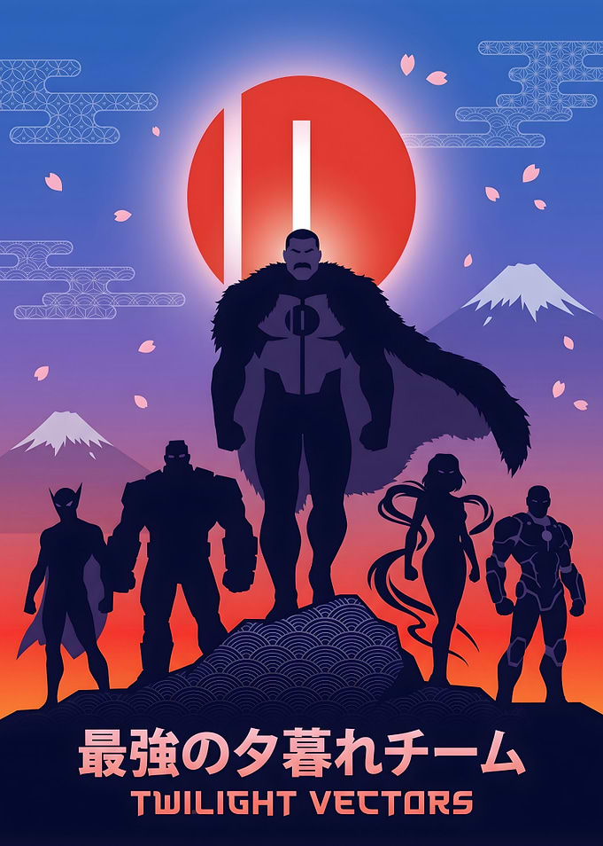 Superhero Team with Japanese Scenery