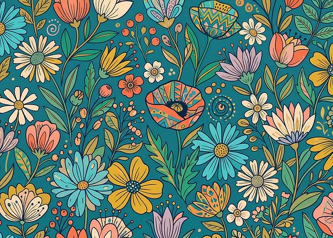 Vibrant Floral Pattern on Teal Background