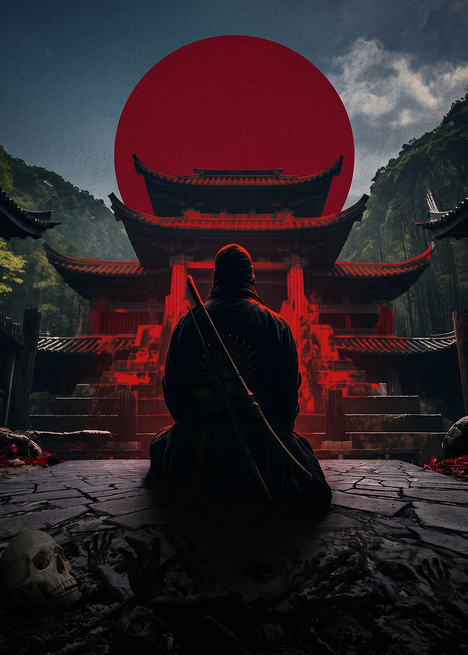 Ninja Meditating Before Japanese Temple