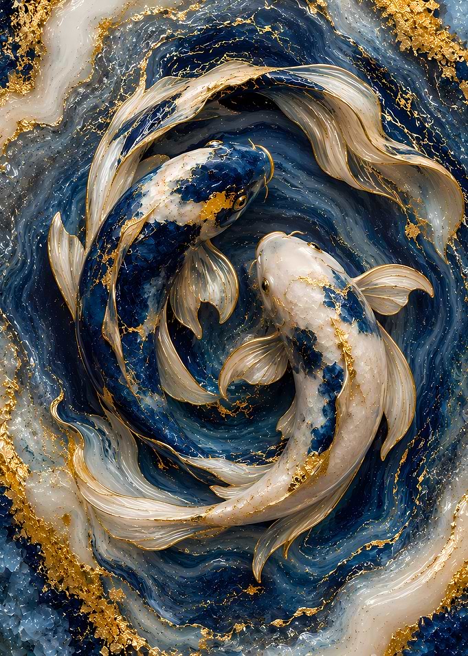Two Koi Fish in Blue and Gold Water