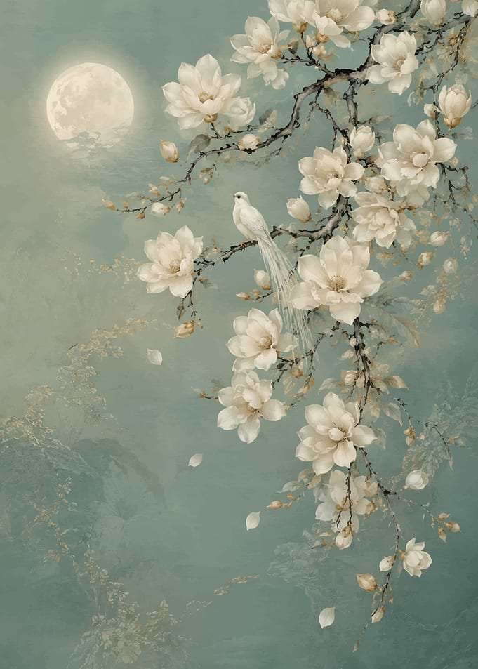 White Bird and Magnolia Flowers under the Moon