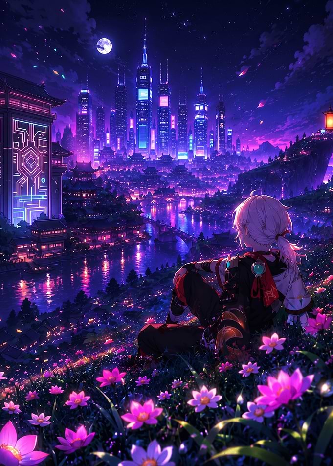 Anime Character Overlooking Neon Cityscape