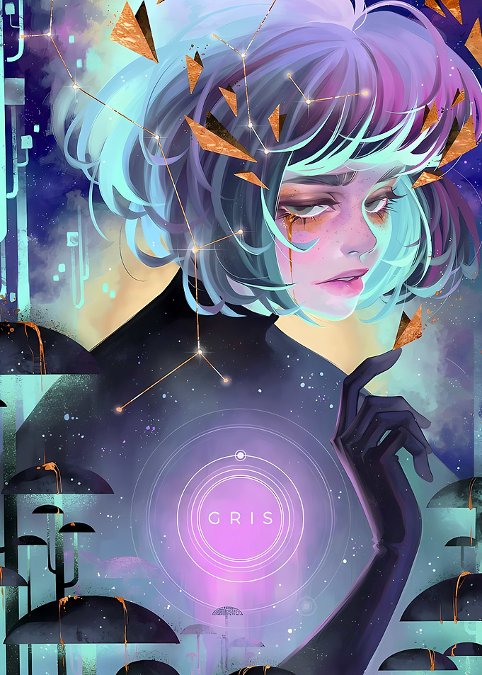 Gris Game Art with Woman and Constellations