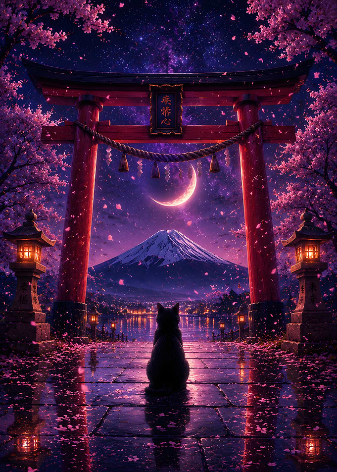 Black Cat at Torii Gate with Mt. Fuji