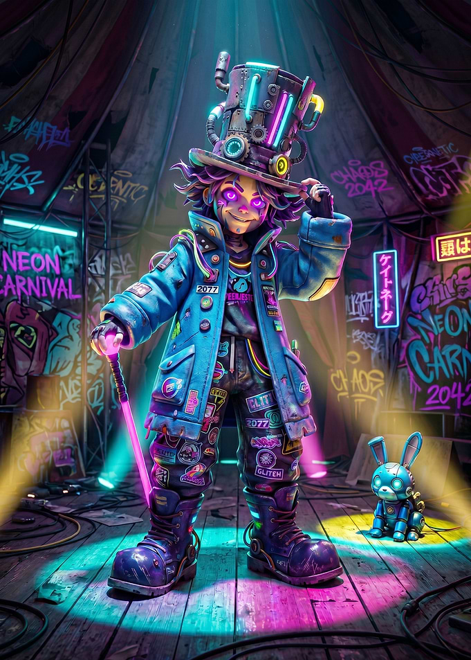 Cyberpunk Carnival Character with Robot Bunny