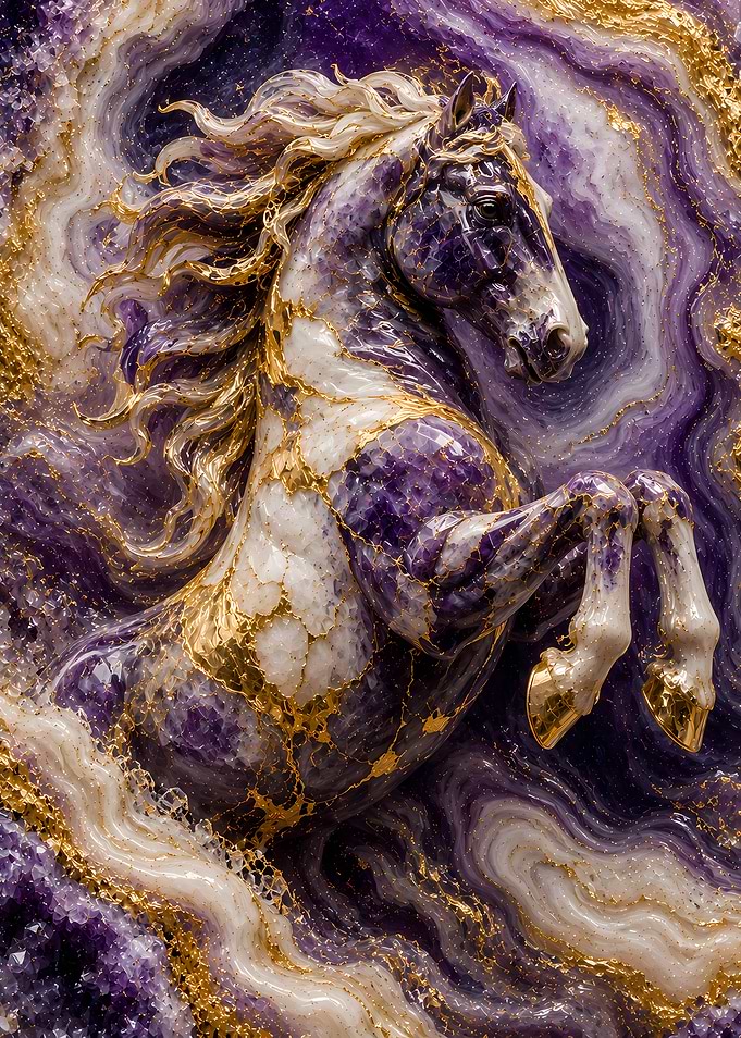 Amethyst Horse Sculpture with Gold Accents