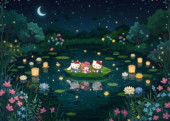 Hello Kitty and friends on a leaf boat at night
