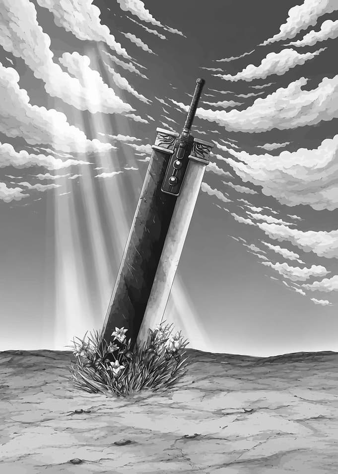 Buster Sword in a Field Final Fantasy Game Poster