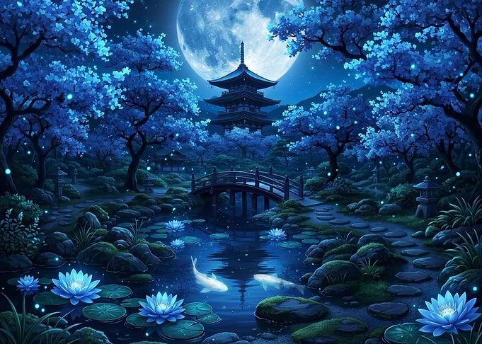 Enchanting Japanese Garden at Night