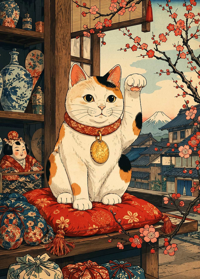 Maneki Neko Cat with Mount Fuji View