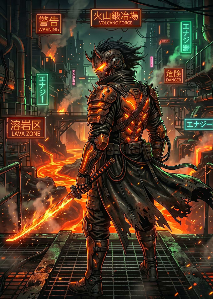 Cyberpunk Samurai in Volcano Forge