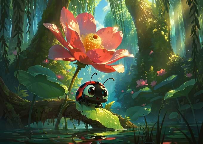 Cute Ladybug Under a Lotus Flower