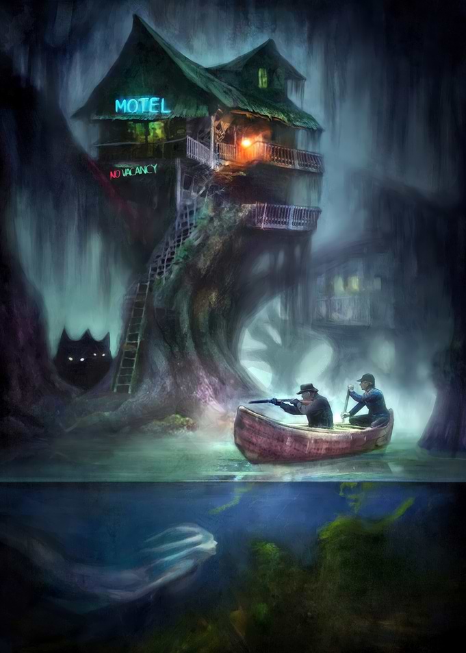 Swamp Motel with Mysterious Figures