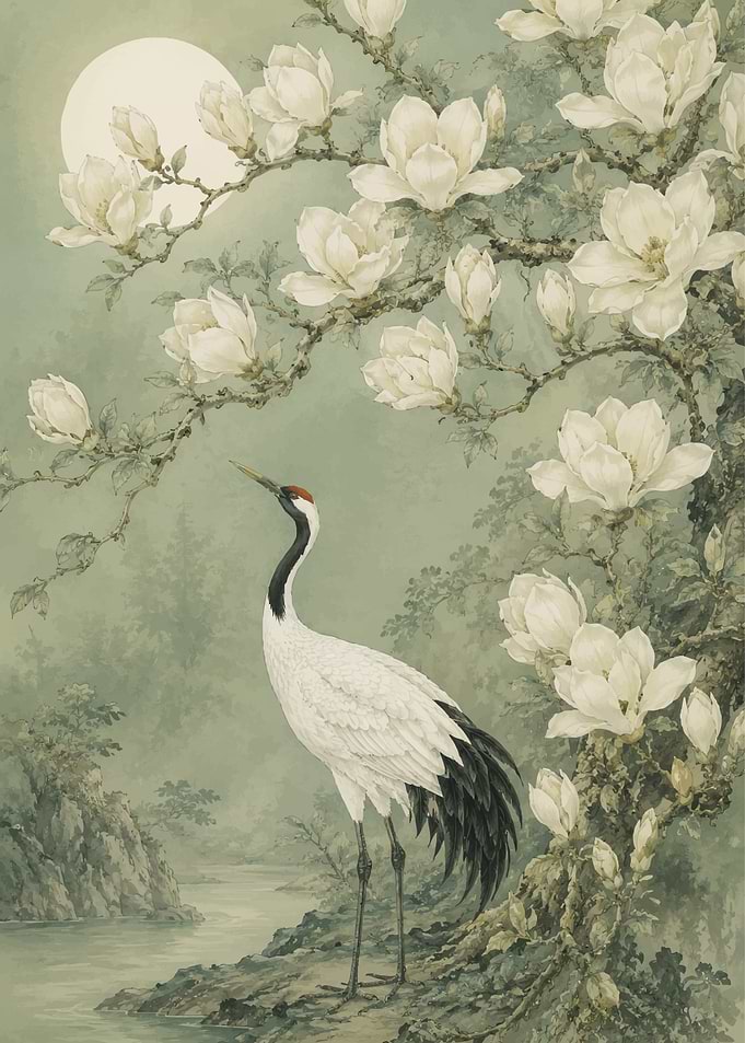 Crane and Magnolia under the Moon