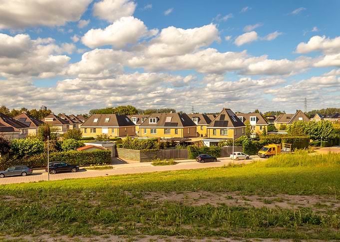 Suburban neighborhood with yellow houses