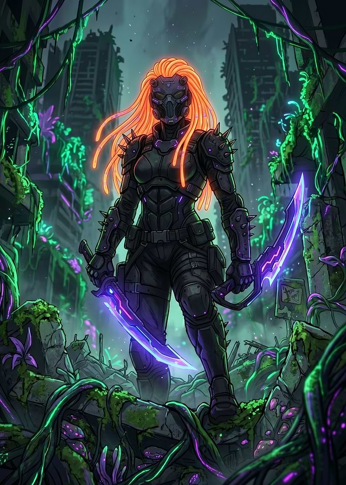 Cyberpunk Warrior in Ruined City