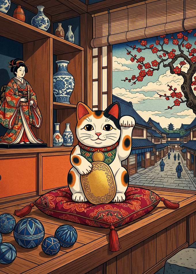Maneki-neko with Japanese Street Scene