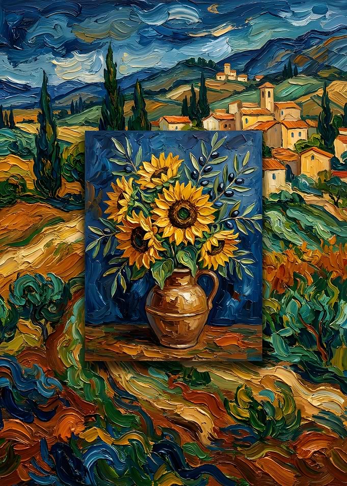 Van Gogh Style Sunflowers in a Tuscan Landscape