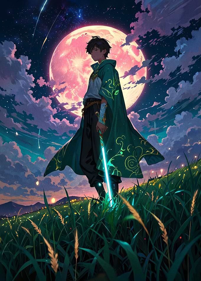 Anime character with glowing sword under moon