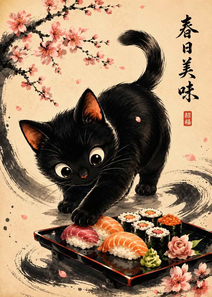Cute Black Cat with Sushi and Cherry Blossoms