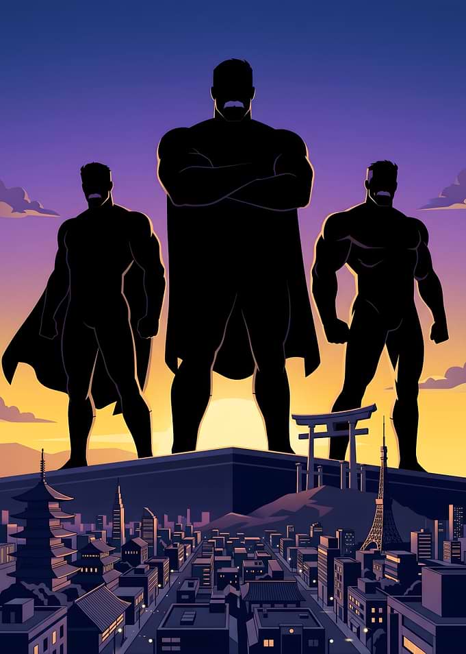 Superheroes overlooking Tokyo at sunset