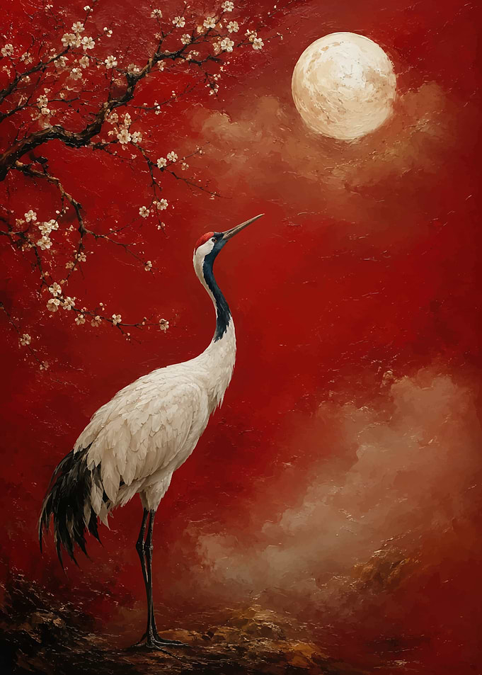 Red Crowned Crane Under Cherry Blossoms