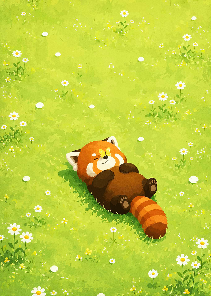 Cute Red Panda Relaxing in a Field