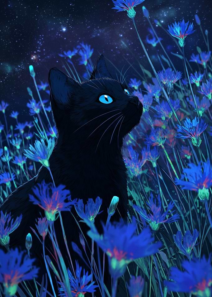 Black Cat in a Field of Blue Flowers
