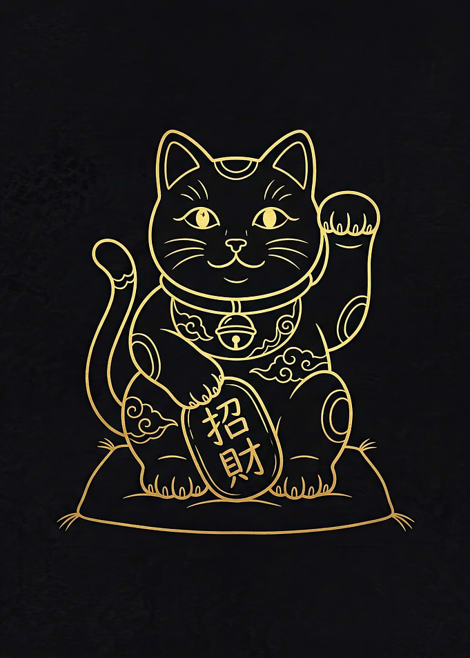 Golden Maneki Neko Cat on Black Background