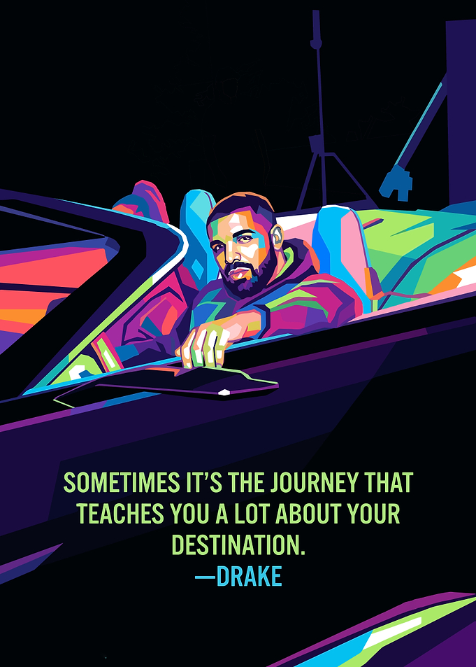 Drake in a colorful car with quote