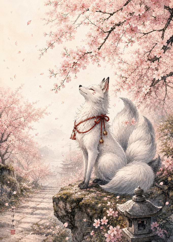 White Fox Under Cherry Blossoms