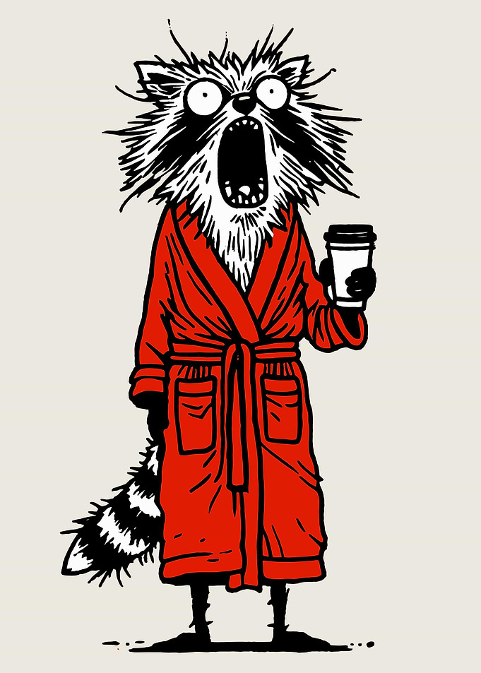Tired Raccoon in Robe with Coffee