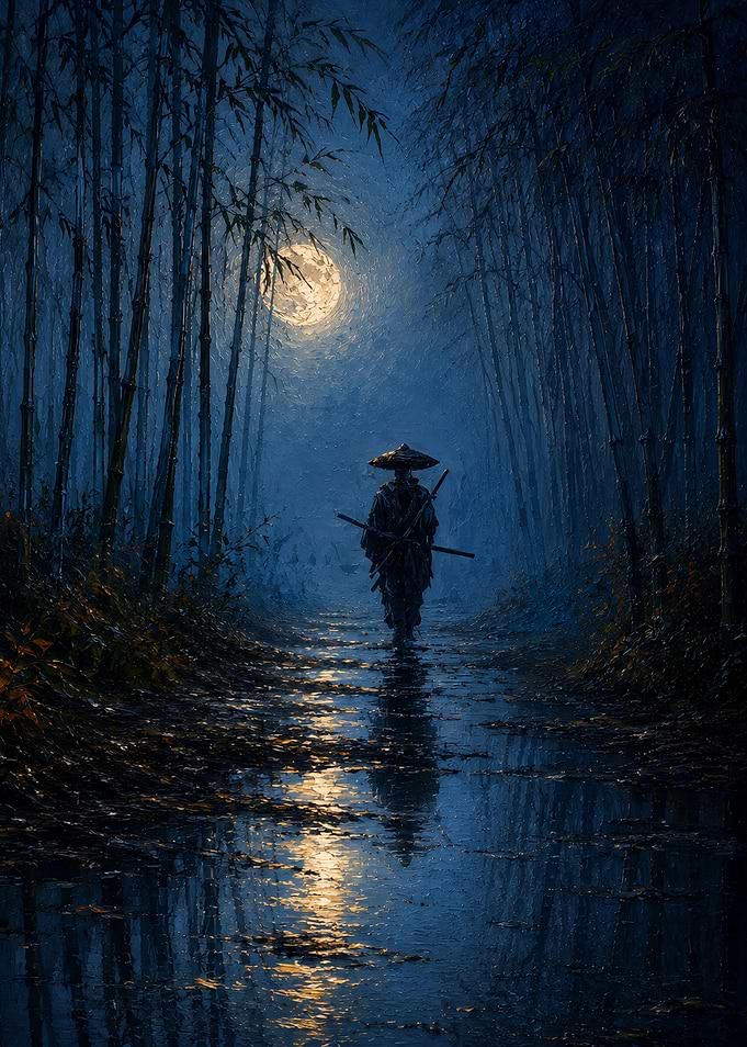 Samurai walking in a moonlit bamboo forest