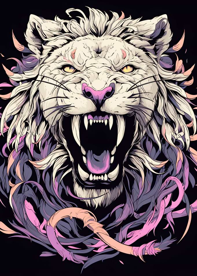 Roaring White Lion with Pink Mane Accents