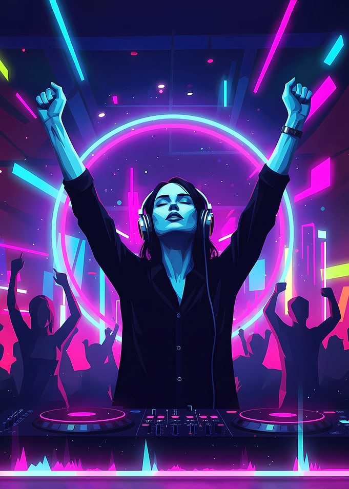 DJ with Hands Raised in Neon Club