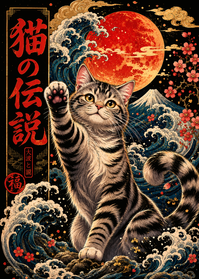 Lucky Cat with Japanese Wave and Moon